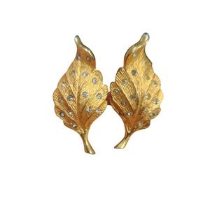 Pennino Vintage Gold Tone Rhinestone Leaf Clip On Earrings Mid Century Designer